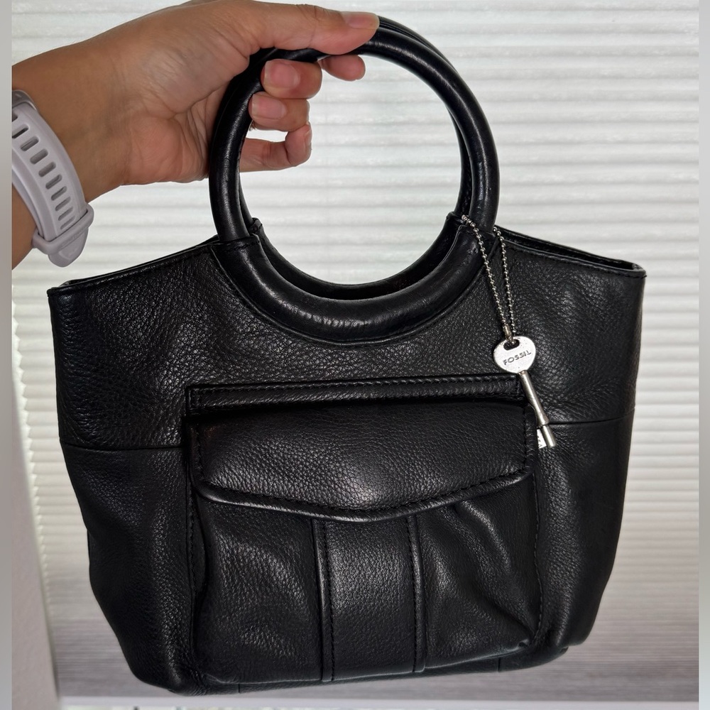 Fossil Black Pebbled‎ Leather Ring Handle Tote Mini Purse Satchel 75082 Y2K
